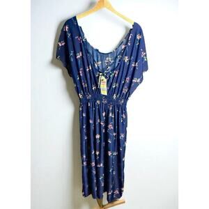 Young USA Navy Blue Floral Midi Dress Size L Elastic Waist Short Sleeve NWT